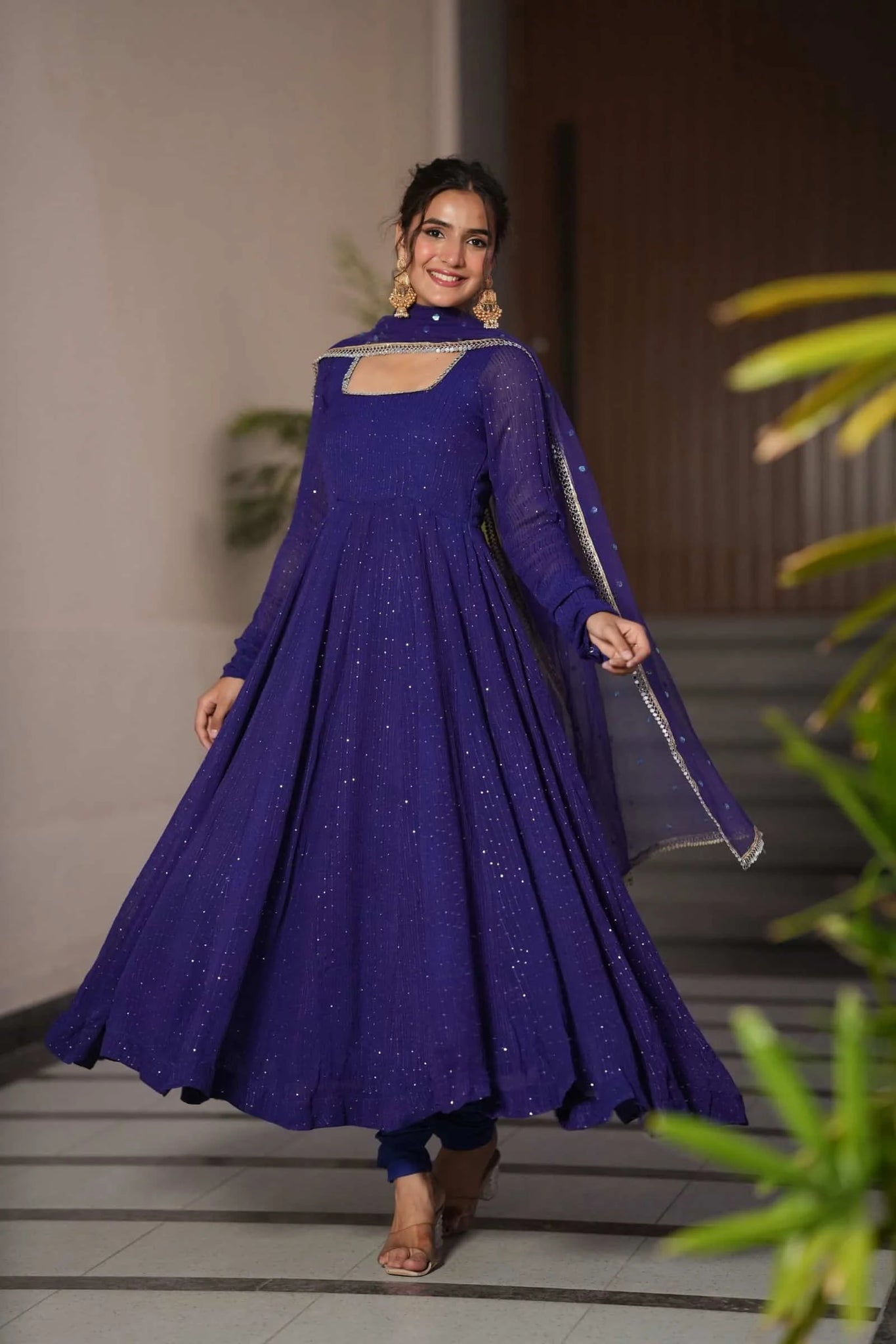 Starfall Blue Wedding Wear Anarkali Suit Set With Net Dupatta