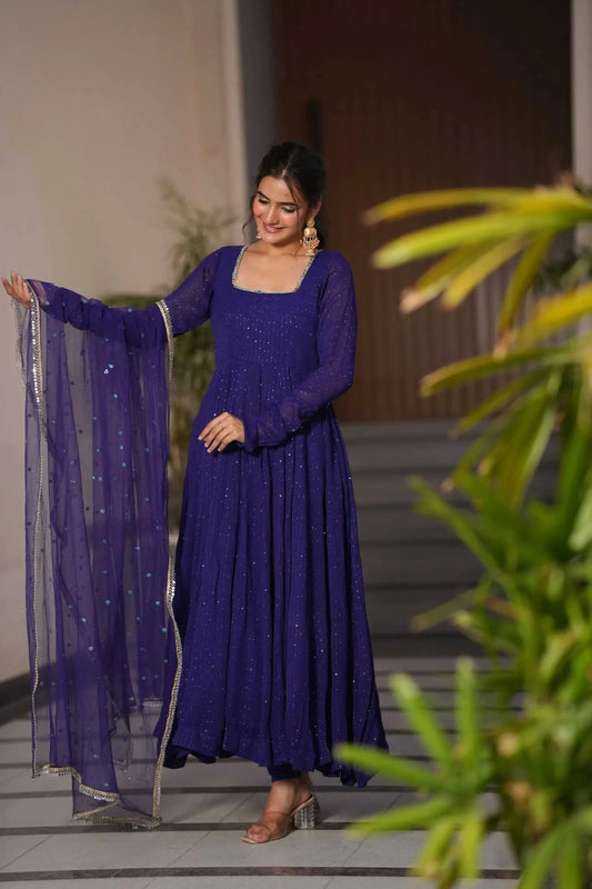 Starfall Blue Wedding Wear Anarkali Suit Set With Net Dupatta