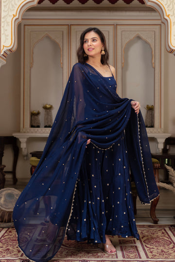 Starfall Blue Sequined Chinon Party Wear Anarkali Suit Set