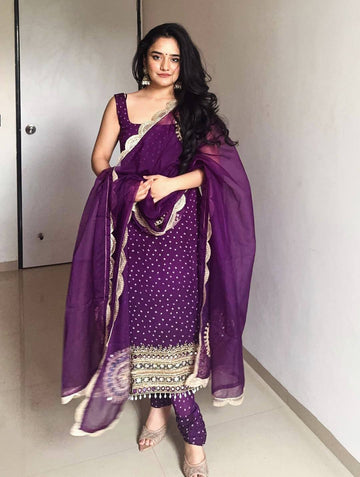 Stunning Royal Purple Embroidery Work Suit Set With Dupatta
