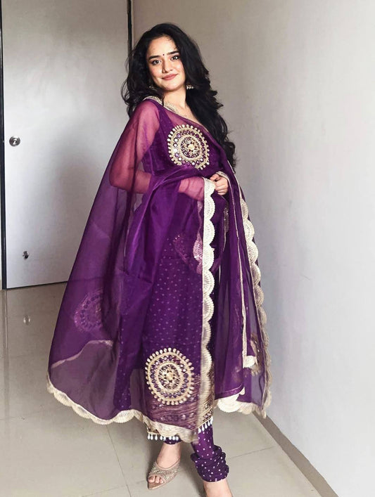 Stunning Royal Purple Embroidery Work Suit Set With Dupatta