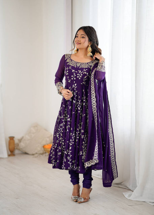 Stylish Purple Embroidered Anarkali Outfit with Dupatta