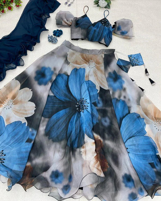 Stylish Sky Blue Color Organza Silk Digital Printed Lehenga Choli
