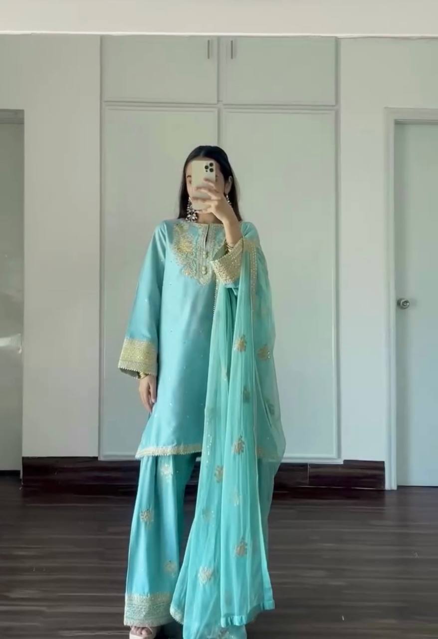 Stylish Embroidery Work Rama Color Palazzo Suit