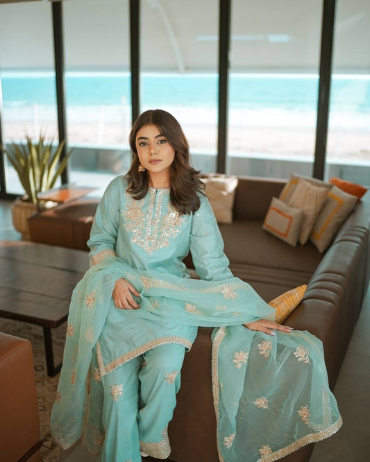 Stylish Embroidery Work Rama Color Palazzo Suit