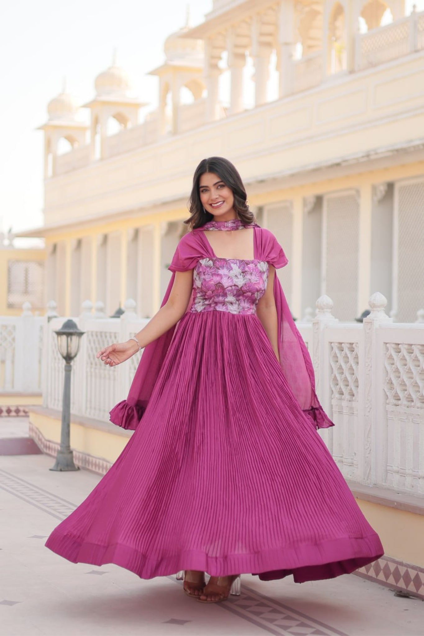 Stylish Printed Chinnon Balloon Sleeves Pink Gown With Dupatta Set