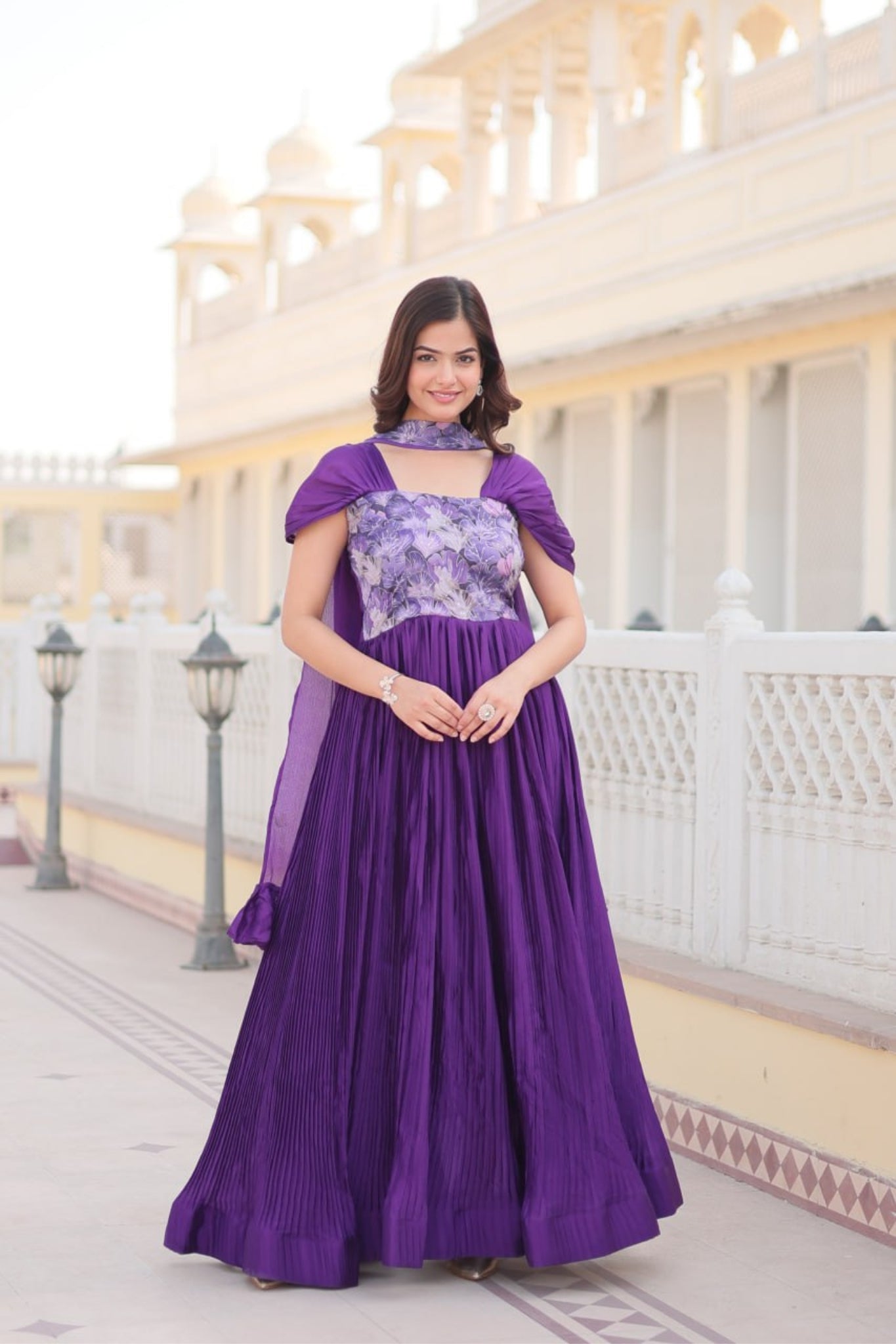 Stylish Printed Chinnon Balloon Sleeves Purple Gown With Dupatta Set