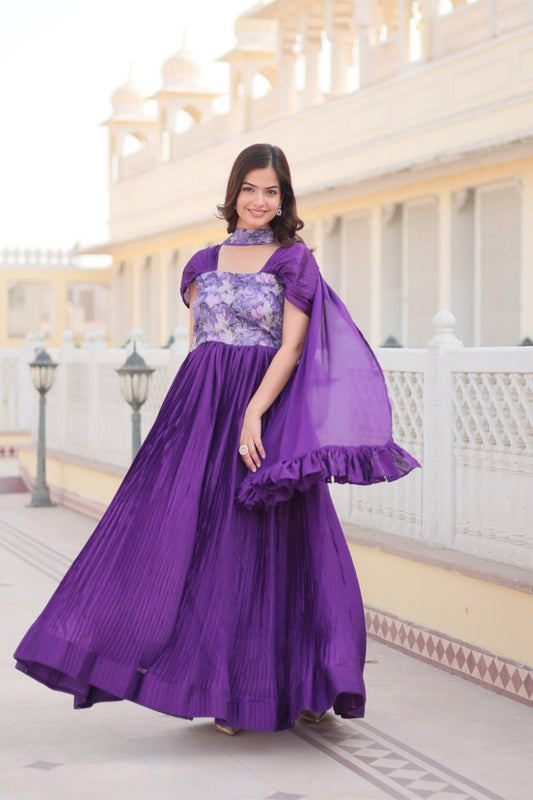 Stylish Printed Chinnon Balloon Sleeves Purple Gown With Dupatta Set