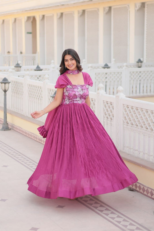 Stylish Printed Chinnon Balloon Sleeves Pink Gown With Dupatta Set