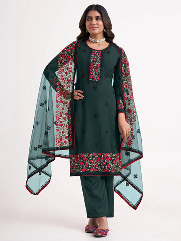 Superb Green Thread Embroidered Georgette Salwar Suit Set With Dupatta