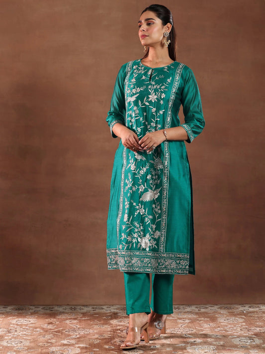 Teal Green Embroidery Worked Straight Kurta Suit Set With Dupatta