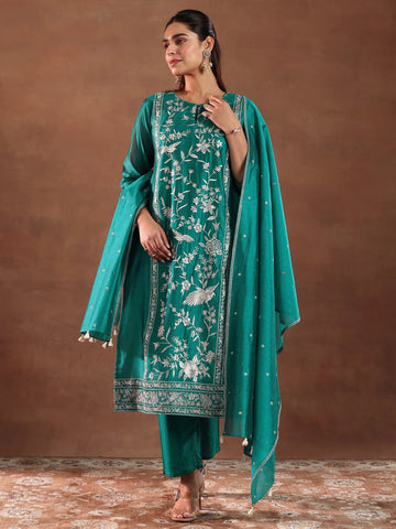 Teal Green Embroidery Worked Straight Kurta Suit Set With Dupatta