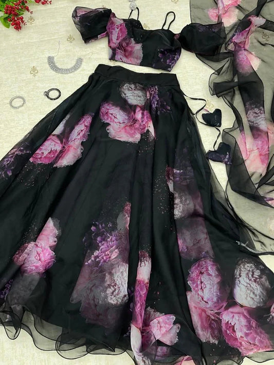 Terrific Black Color Digital Printed Lehenga Choli