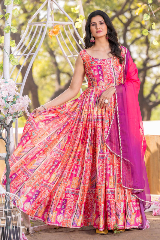 Tiya Pink Multicolor Printed Flared Dress With Dupatta Set