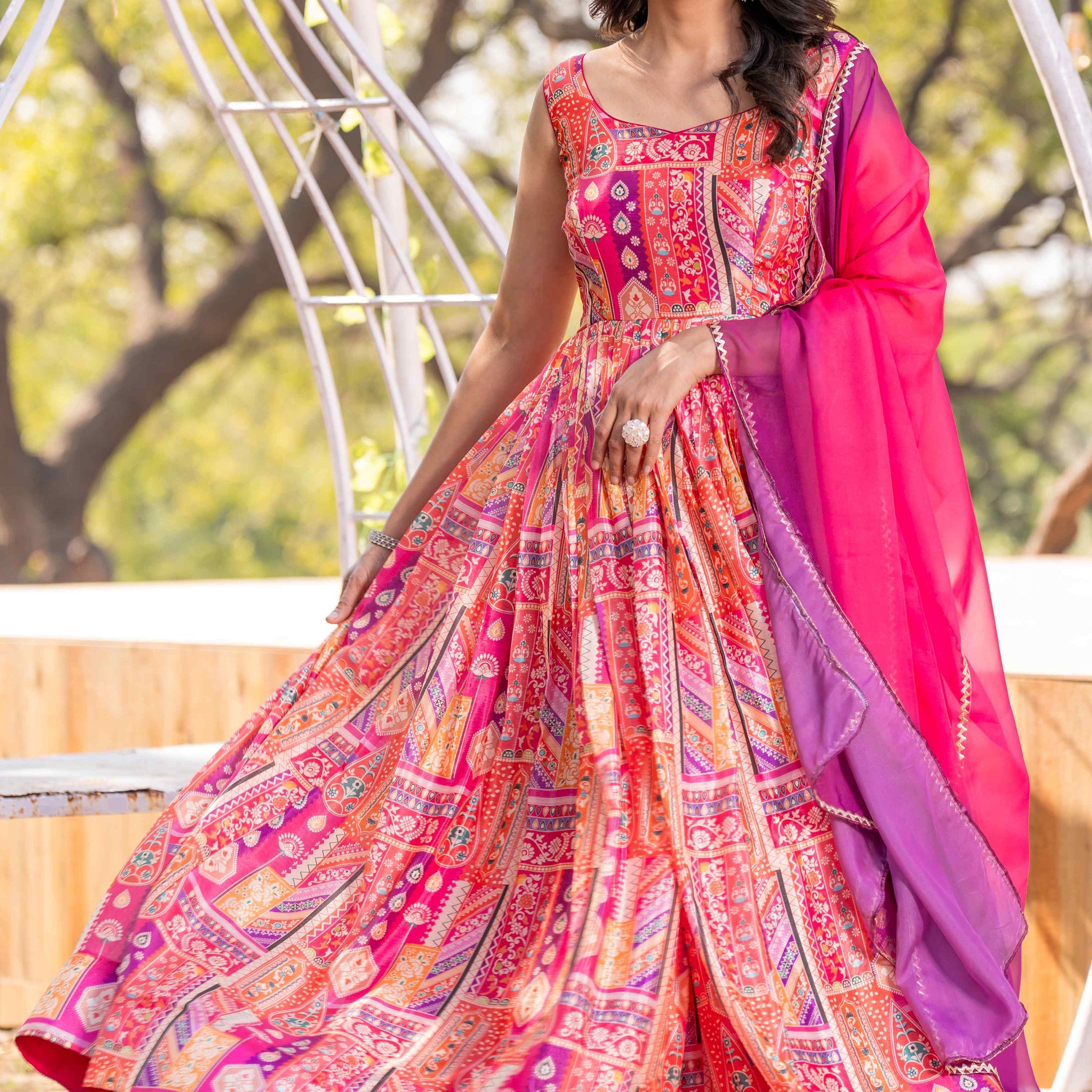 Tiya Pink Multicolor Printed Flared Dress With Dupatta Set