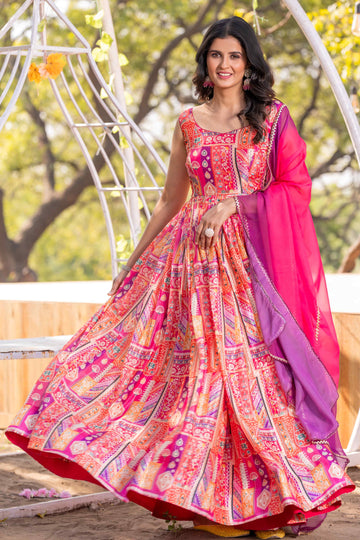 Tiya Pink Multicolor Printed Flared Dress With Dupatta Set