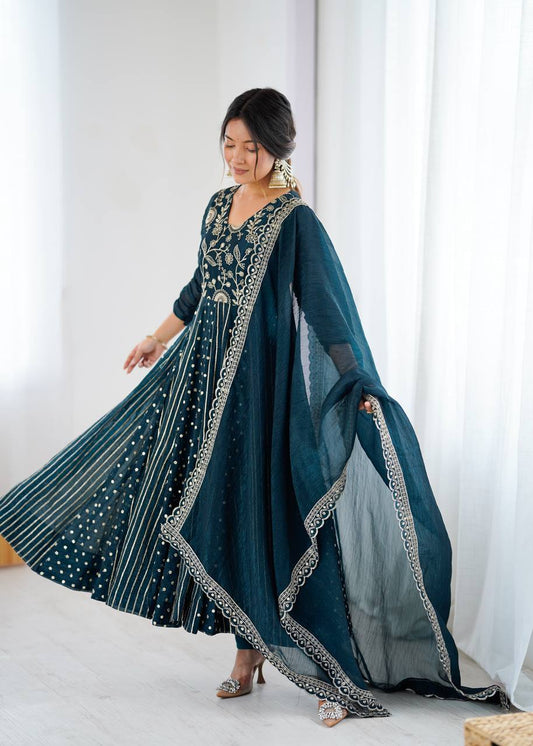 Traditional Navy Blue Embroidered Anarkali Suit with Dupatta