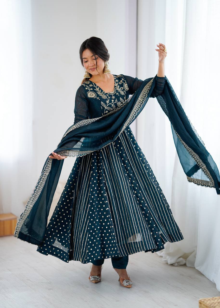 Traditional Navy Blue Embroidered Anarkali Suit with Dupatta
