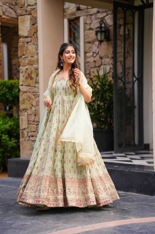 Trendy Designer Pastel Green Anarkali Suit with Dupatta For Festival