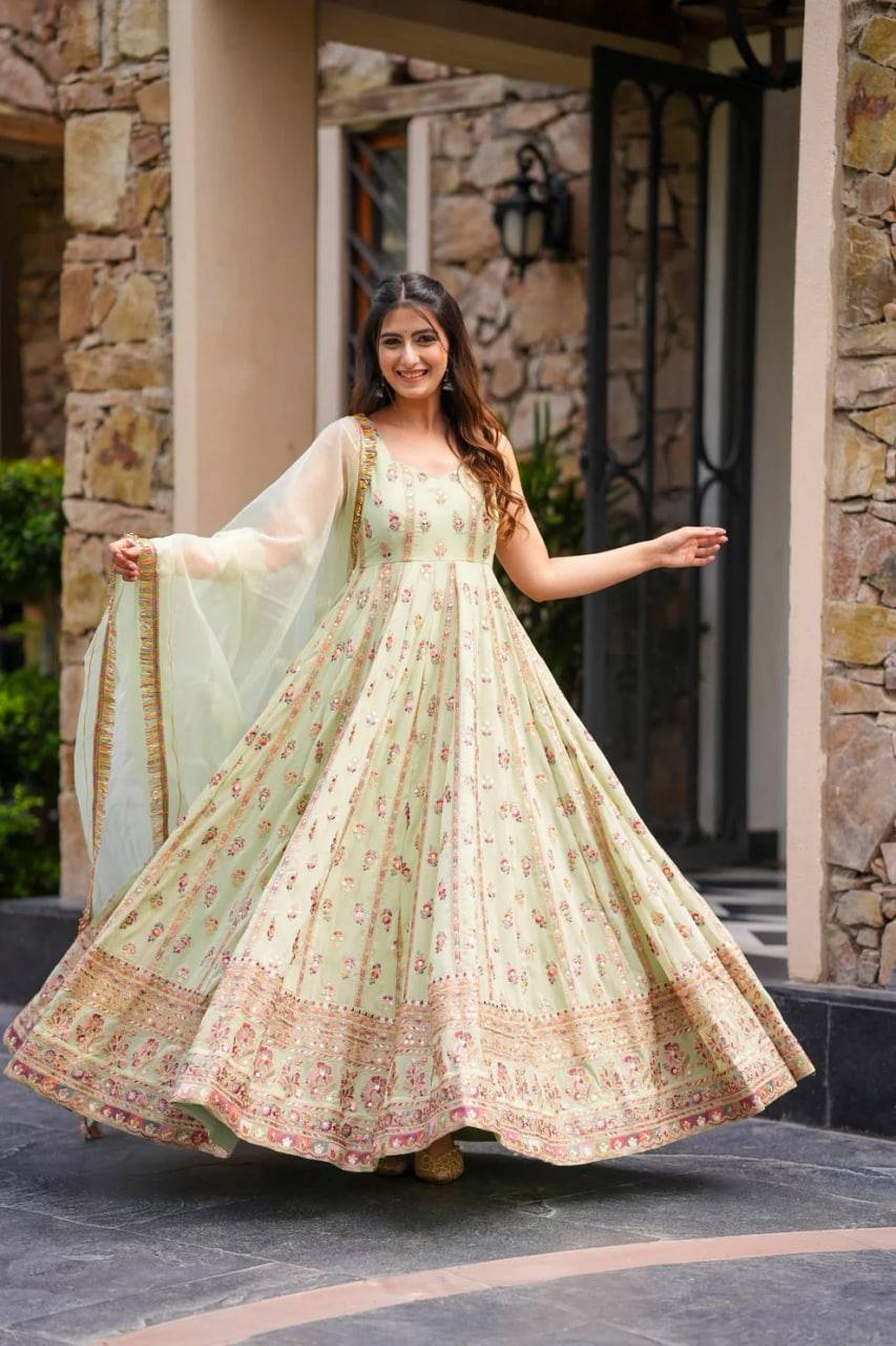 Trendy Designer Pastel Green Anarkali Suit with Dupatta For Festival