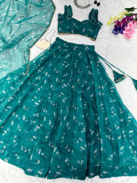 Trendy Digital Printed Organza Silk Green Color Lehenga Choli