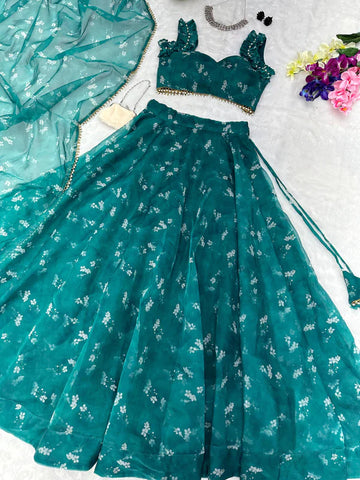 Trendy Digital Printed Organza Silk Green Color Lehenga Choli