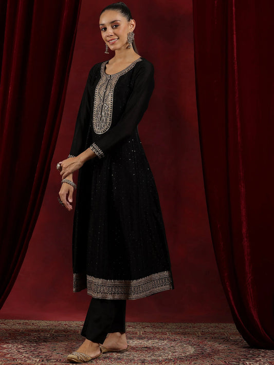 Trendy Neck Design With Silver Embelishment Black Color A-Line Kurta Suit Set With Dupatta