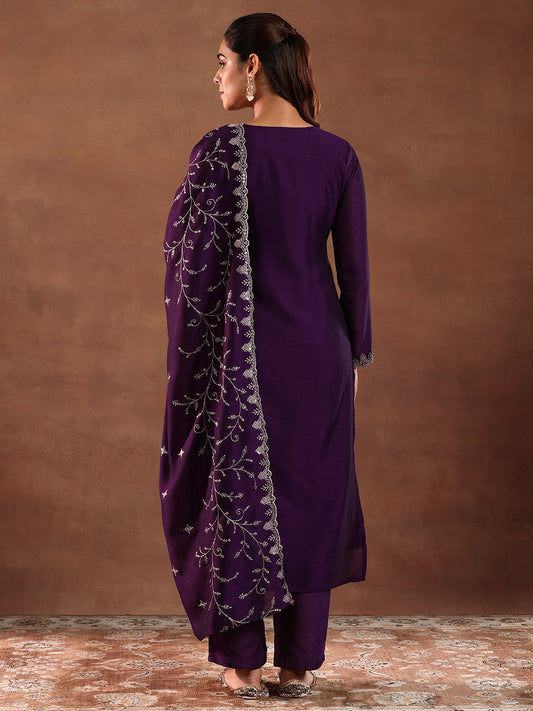 Trendy Purple Embroidered Straight Suit Set With Dupatta