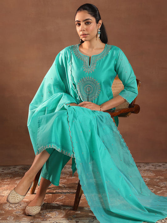 Turquoise Blue Embroidery Worked Kurta Suit Set With Dupatta