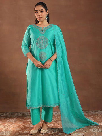 Turquoise Blue Embroidery Worked Kurta Suit Set With Dupatta