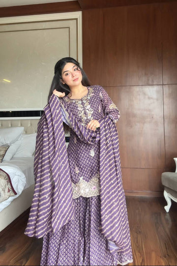 Vamika Elegance Purple Chinon Embroidery Work Sharara Suit With Dupatta