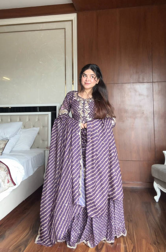 Vamika Elegance Purple Chinon Embroidery Work Sharara Suit With Dupatta