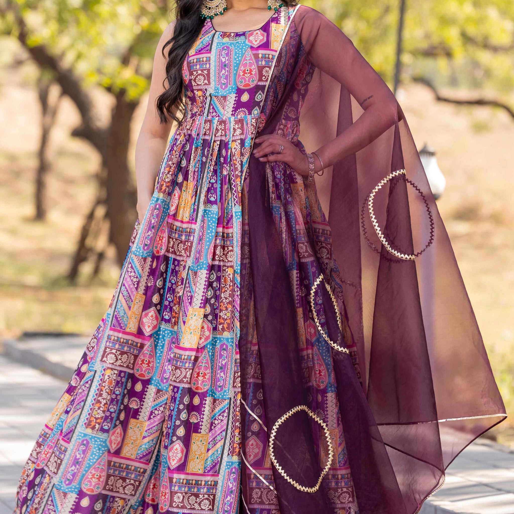 Vani Pruple Multicolor Printed Flared Dress With Dupatta Set
