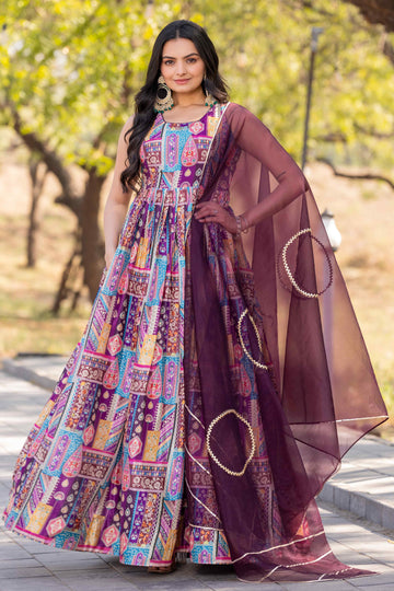 Vani Pruple Multicolor Printed Flared Dress With Dupatta Set