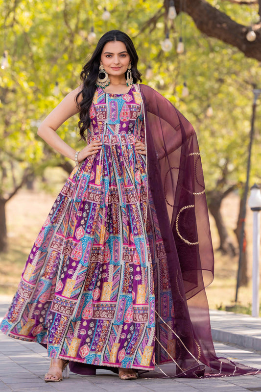 Vani Pruple Multicolor Printed Flared Dress With Dupatta Set