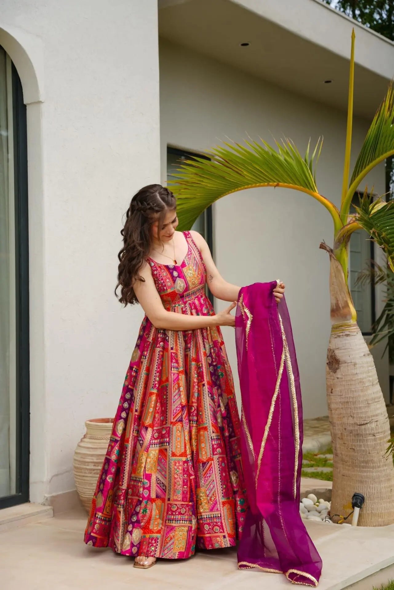 Vanya Pink Multicolor Jimmy Organza Silk Gown Set