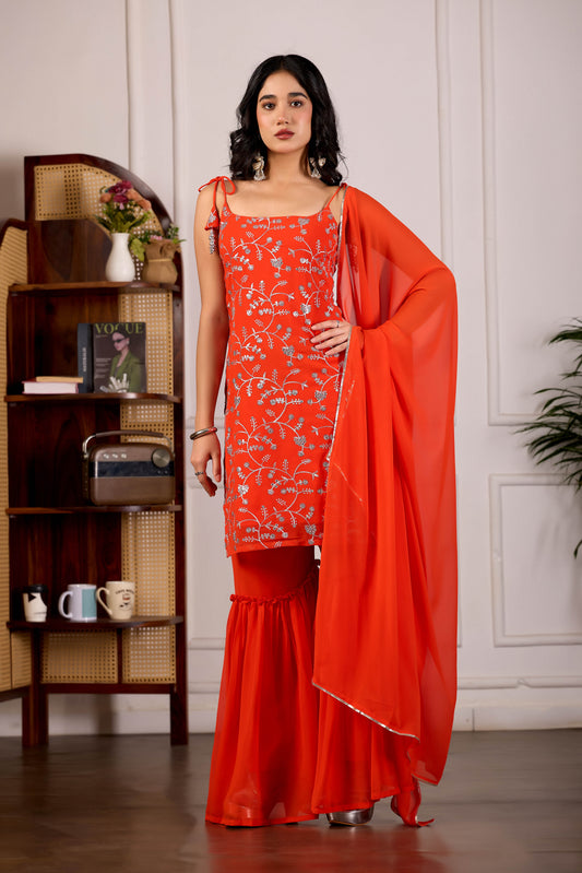 Orange Sharara Suit Set with Dupatta for Women