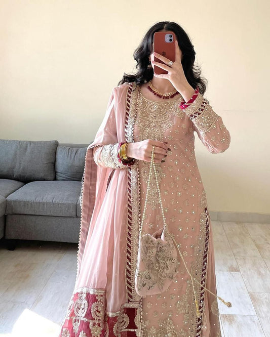 Wedding Wear Beige Color Faux Georgette Thread With Sequence And Rivet Moti Work Designer Sharara Suit