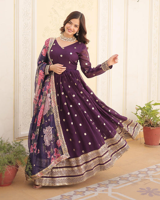 Wedding Wear Faux Georgette Wine Gown With Tebby Silk Dupatta