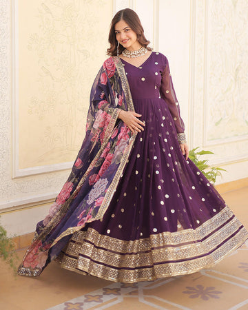 Wedding Wear Faux Georgette Wine Gown With Tebby Silk Dupatta