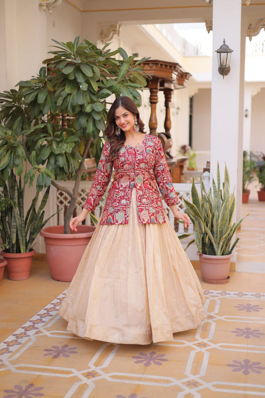 Western Look Rani Pink Jaquard Top Cosmos Lahenga Choli For Wedding