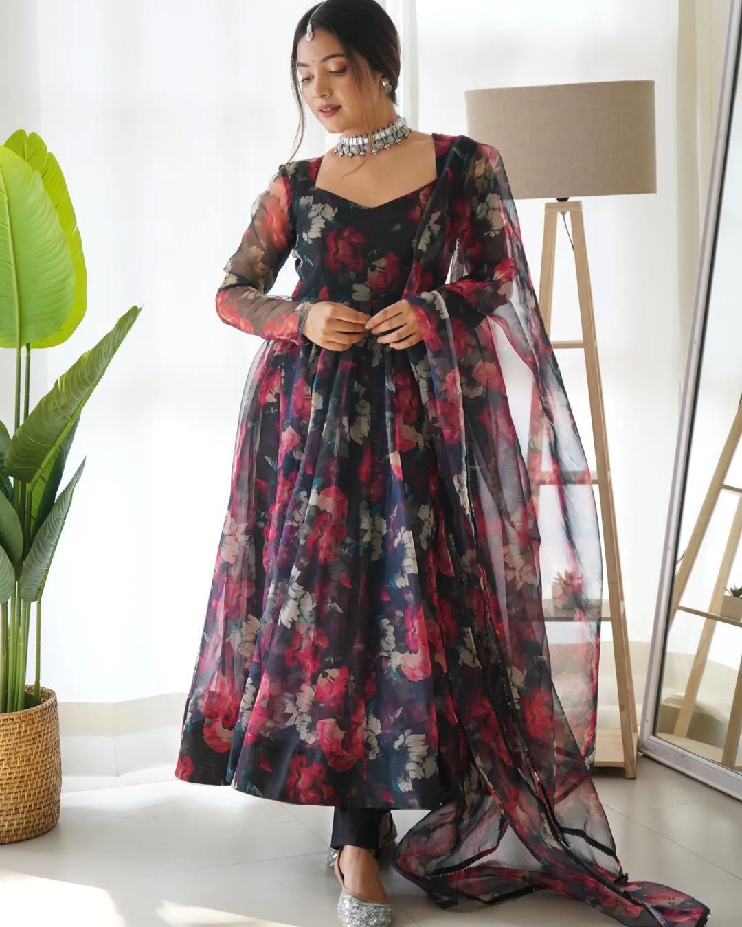 Awesome Flower Print Navy Blue Color Organza Anarkali Gown