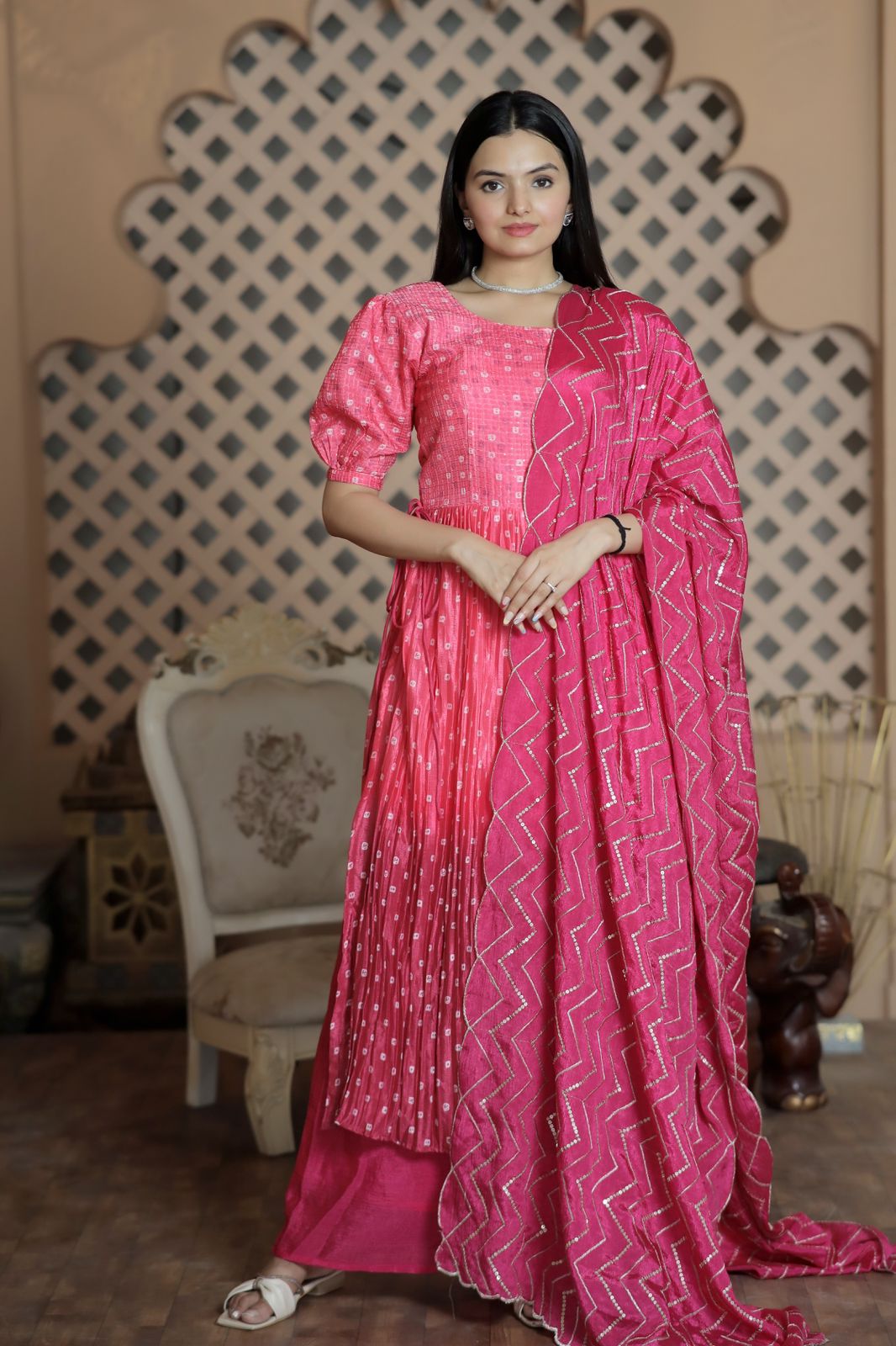 Awesome Pink Color Shade Crush Pleating Sharara Suit