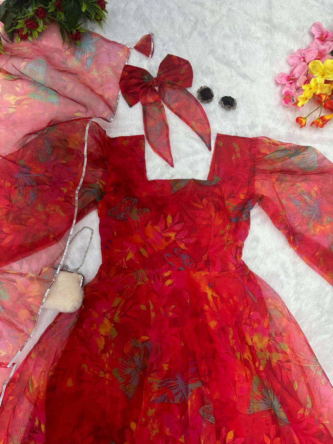 Red Organza Anarkali Suit Set main image 1