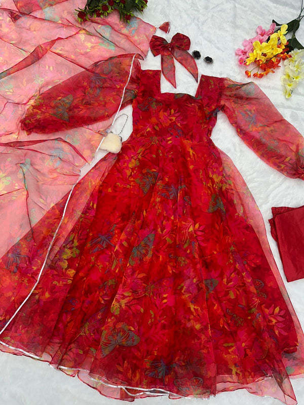 Red Anarkali Suit with Golden Embroidery for Rent main image 0
