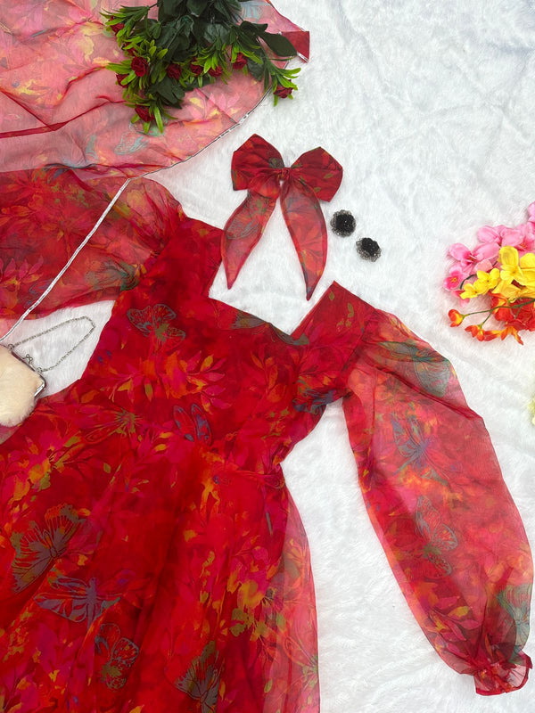 Red Coloured Anarkali Suit Set