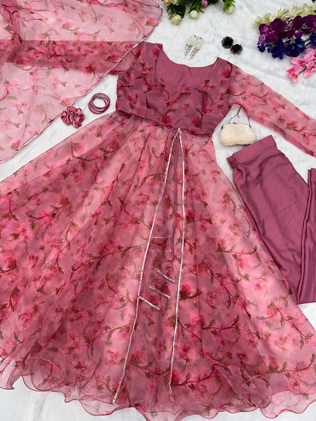 Organza Silk Dusty Pink Color Stylish Anarkali Gown