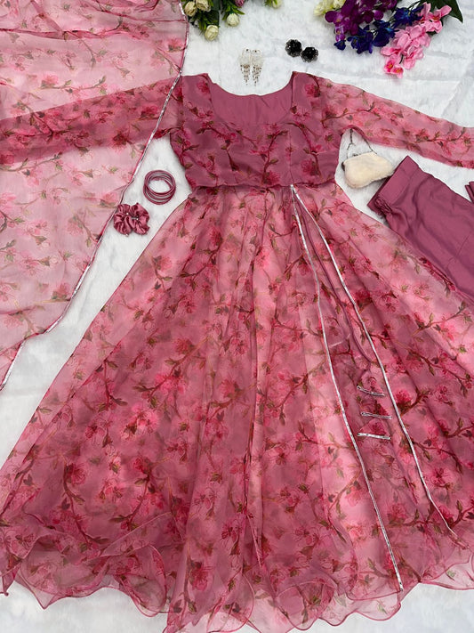 Organza Silk Dusty Pink Color Stylish Anarkali Gown