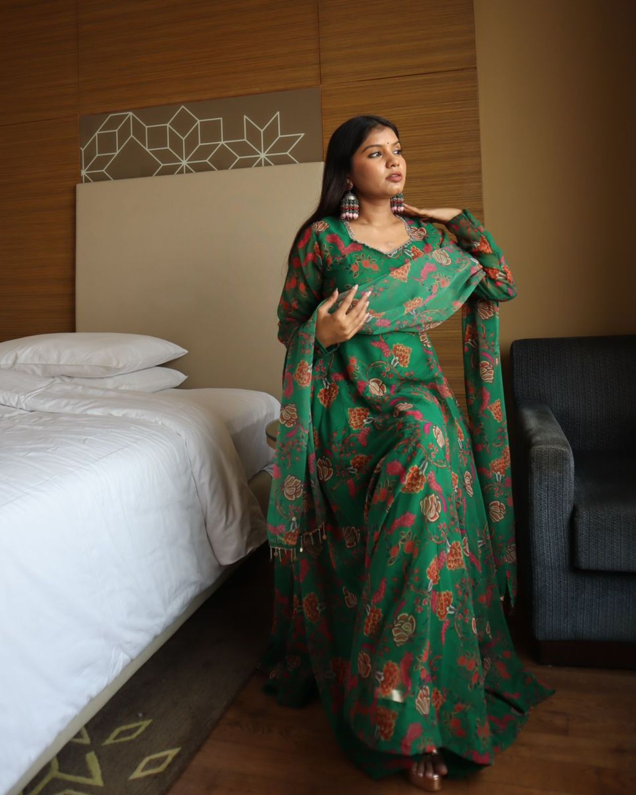 Jitu Sri Yadav In Green Color Print Floor Length Two Piece Celebrity Anarkali Suit