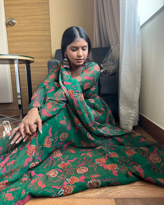 Jitu Sri Yadav In Green Color Print Floor Length Two Piece Celebrity Anarkali Suit